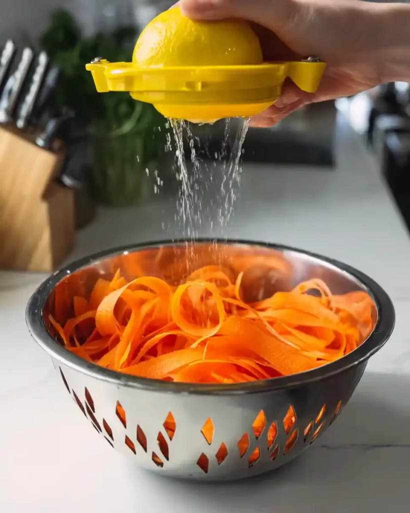 Pouring fresh lemon juice over carrot ribbons for quick side dish salad