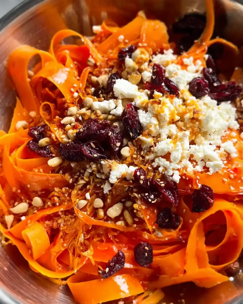 Carrot ribbons topped with feta, cranberries, sesame seeds, and chili oil
