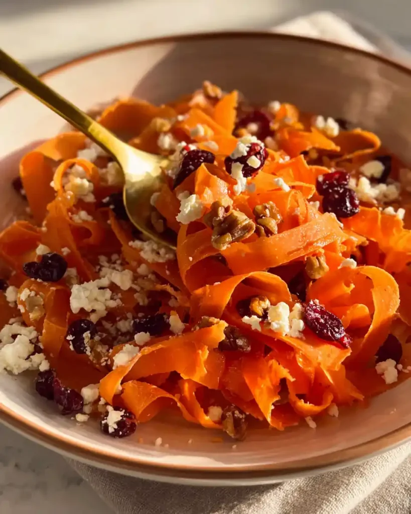 Tossing Quick Side Dish Carrot Ribbon Salad with feta and cranberries before serving