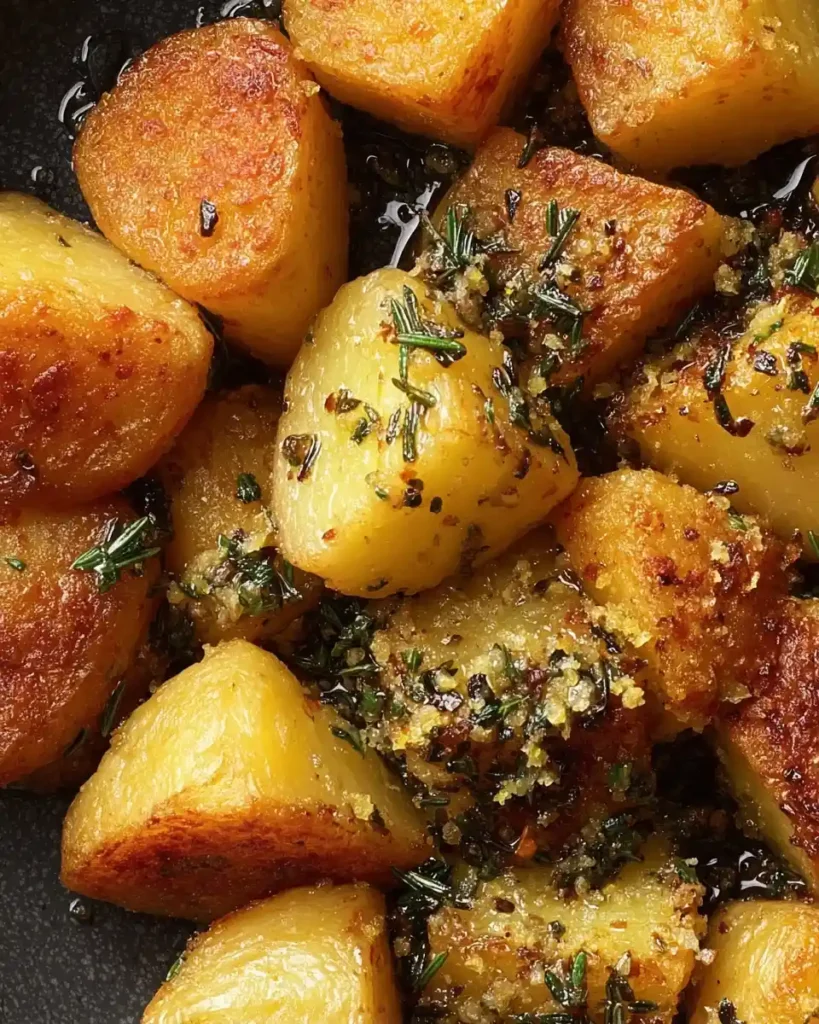Crispy roast potatoes coated with garlic rosemary oil