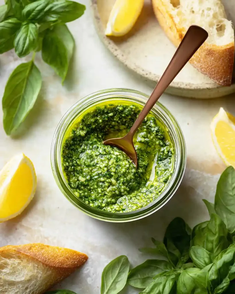 Best Pesto Sauce Recipe 4 Serving fresh homemade pesto sauce in a jar