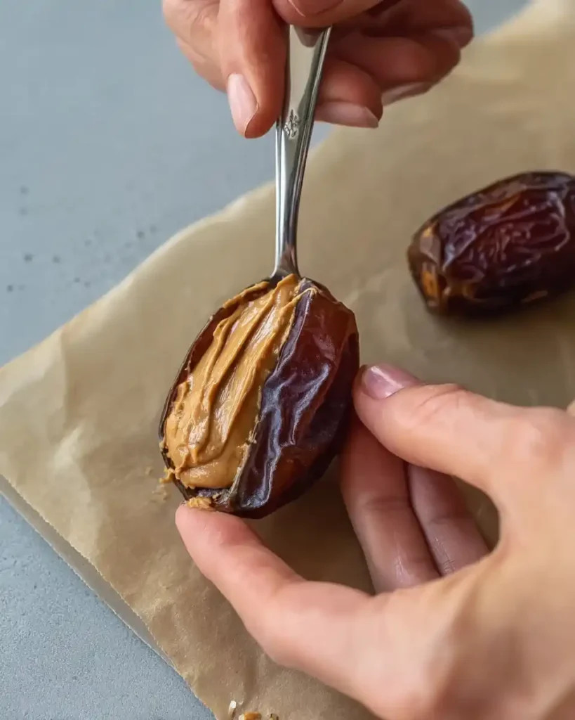 No-Bake Dark Chocolate Stuffed Dates being filled with peanut butter before dipping