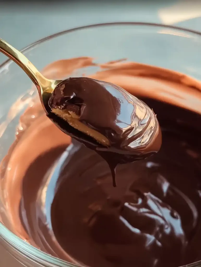 Dipping peanut butter stuffed dates into melted dark chocolate in a glass bowl