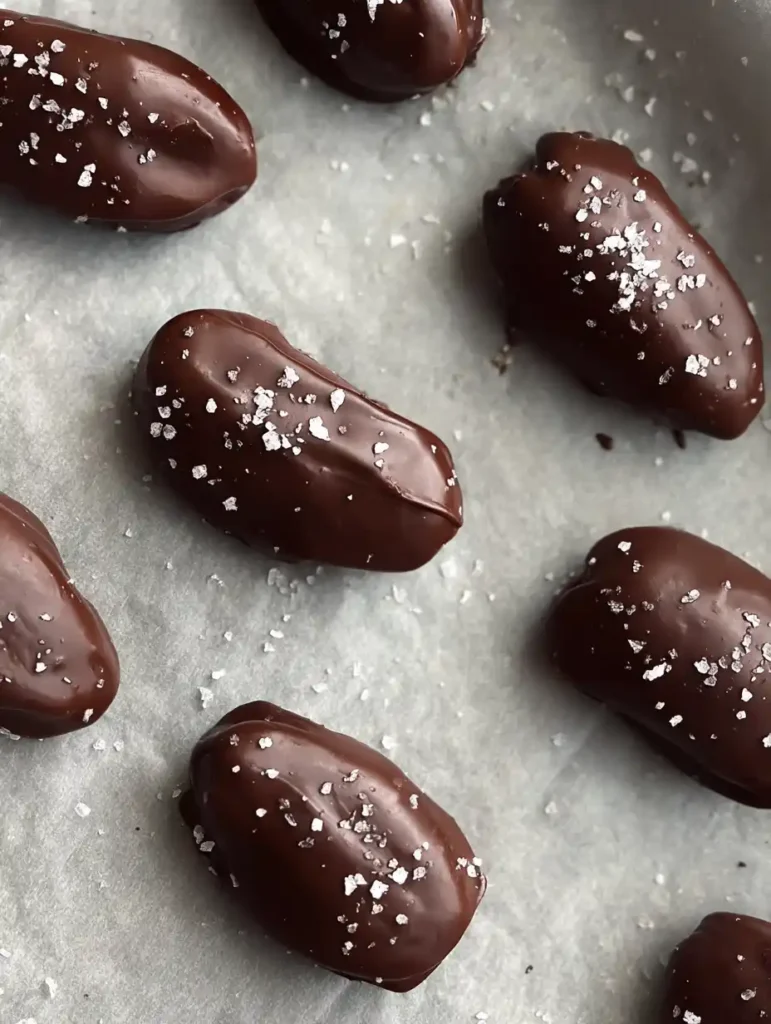No-Bake Dark Chocolate Stuffed Dates setting on parchment sprinkled with sea salt