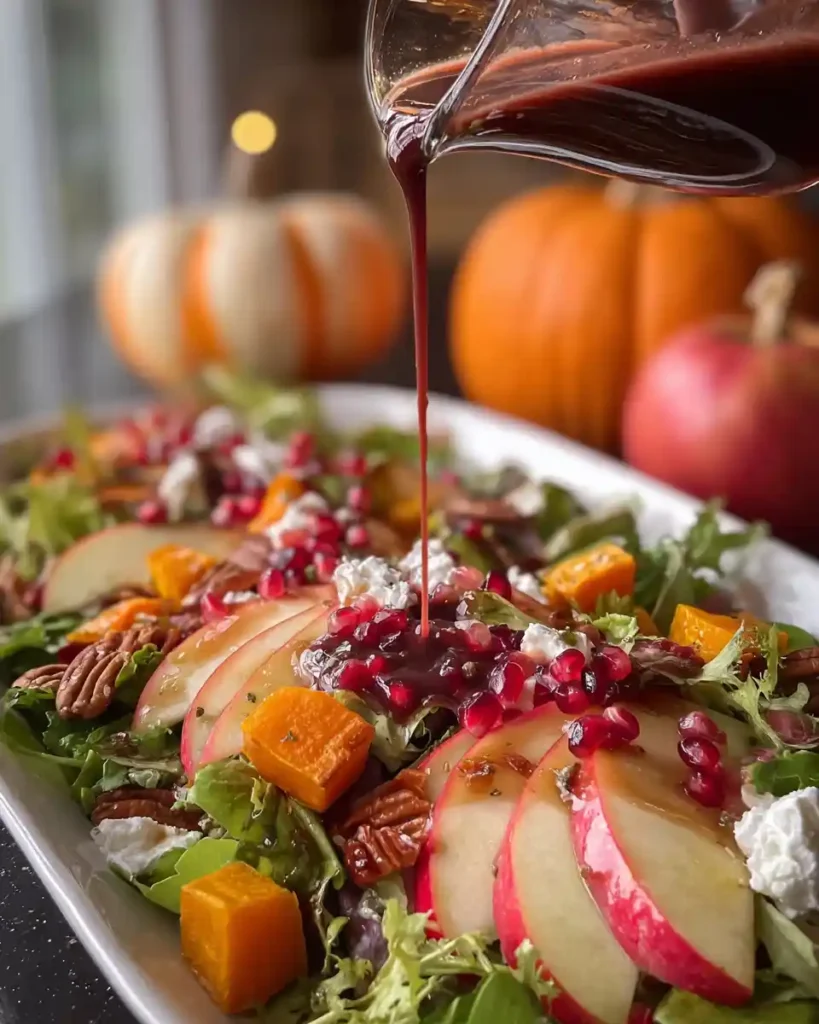 Quick Autumn Harvest Salad 3 Drizzling pomegranate vinaigrette over Quick Autumn Harvest Salad