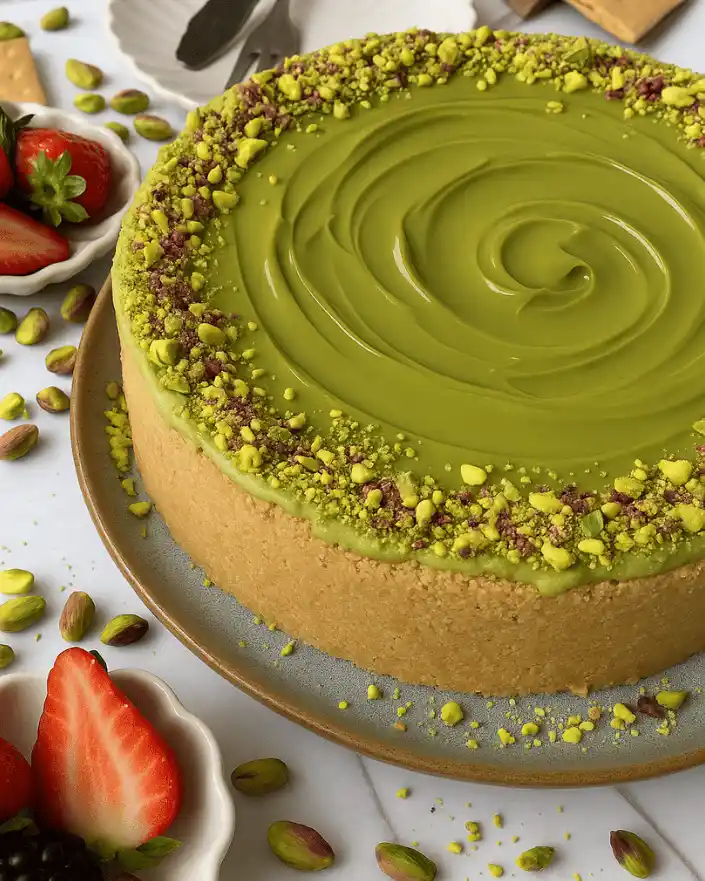 Whole No Bake Pistachio Cheesecake topped with pistachio cream and chopped nuts