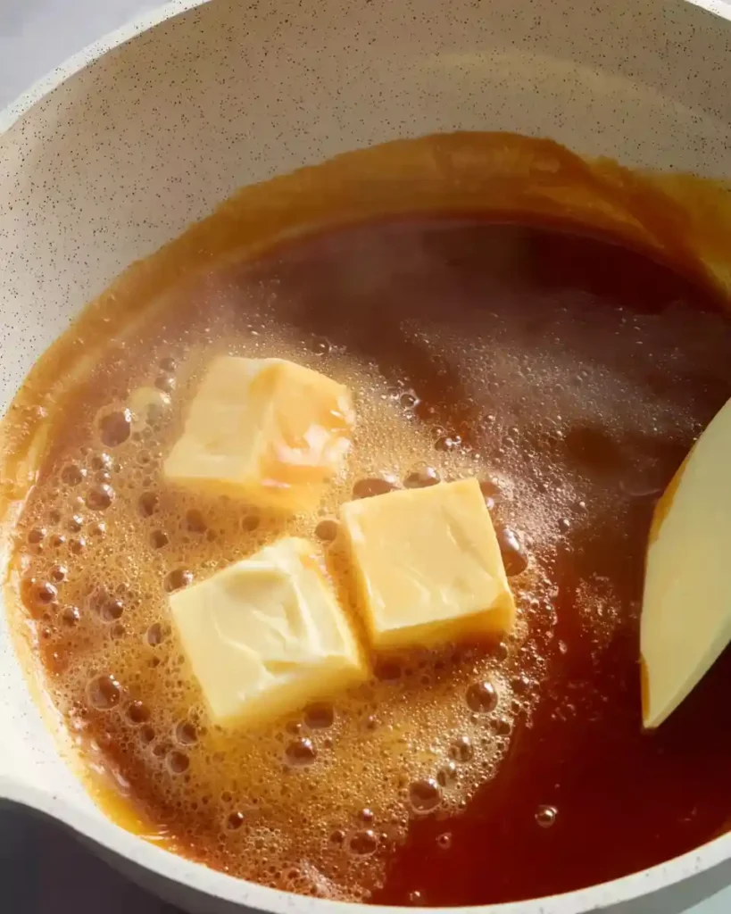 Homemade Caramel Sauce 4 Butter mixing into melted sugar for caramel sauce