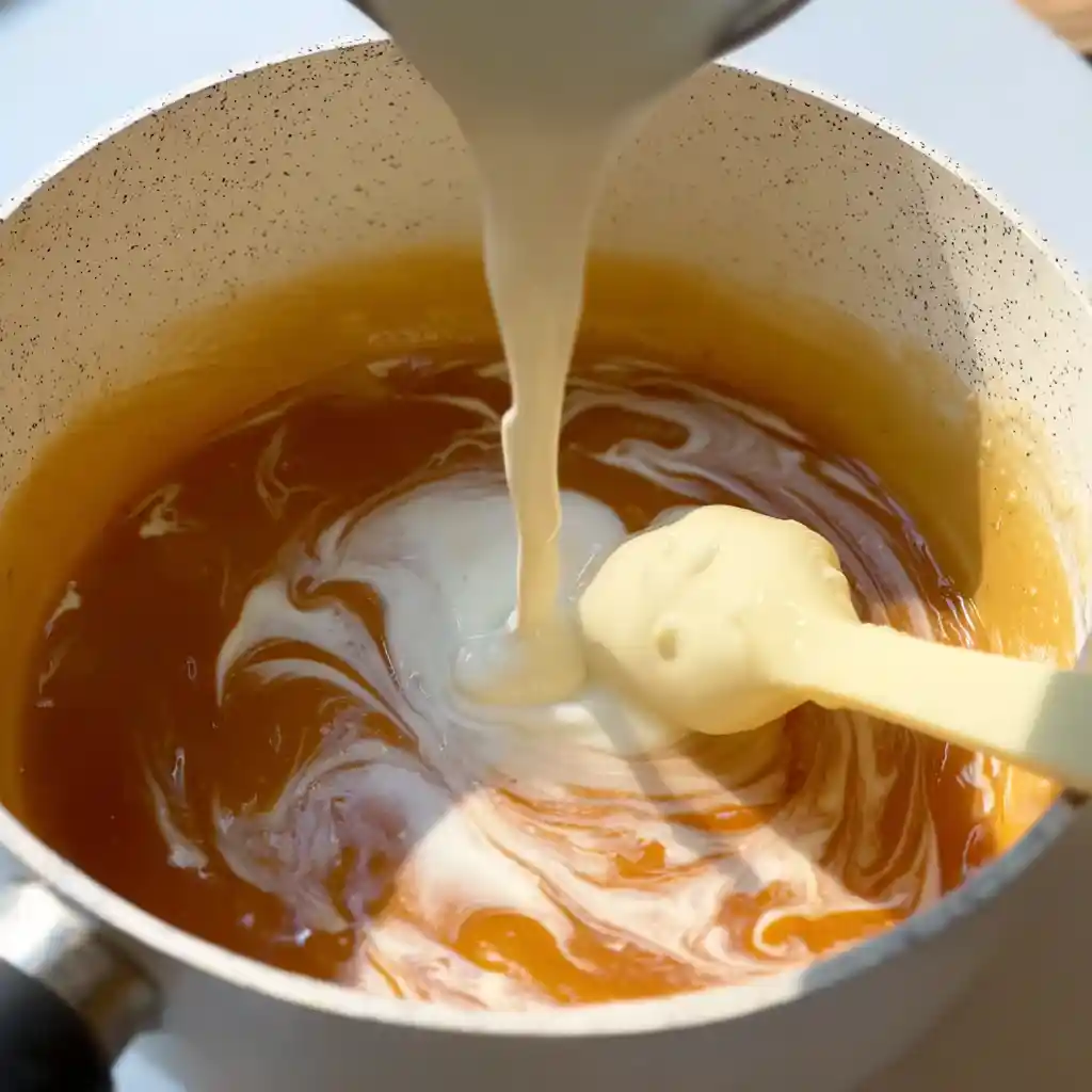 Homemade Caramel Sauce 5 Cream being poured into caramel for creamy sauce