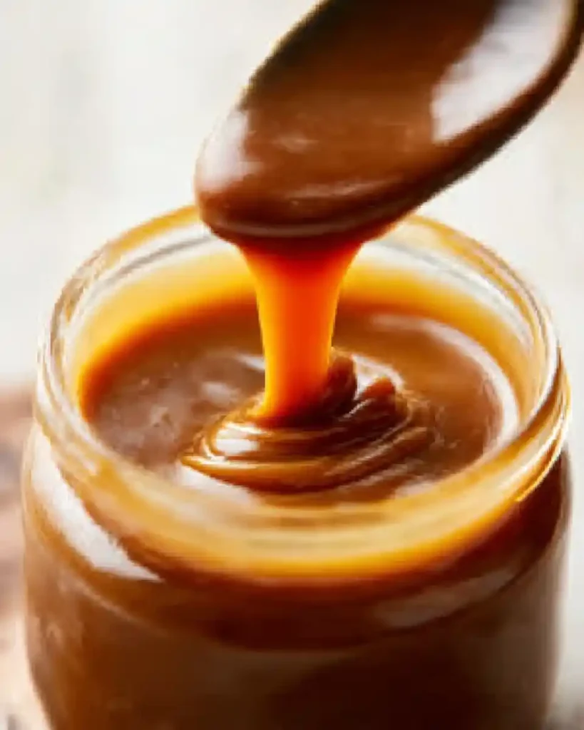 Homemade Caramel Sauce 1 Thick homemade caramel sauce on spoon above jar