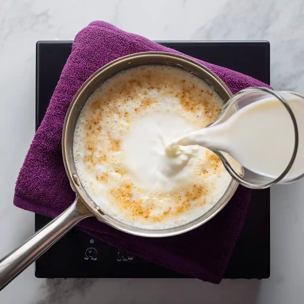 Creamy Bechamel Sauce 4 Overhead shot showing warm milk being poured into a stainless steel saucepan containing the hot roux mixture, the crucial step for a lump-free Creamy Bechamel Sauce.