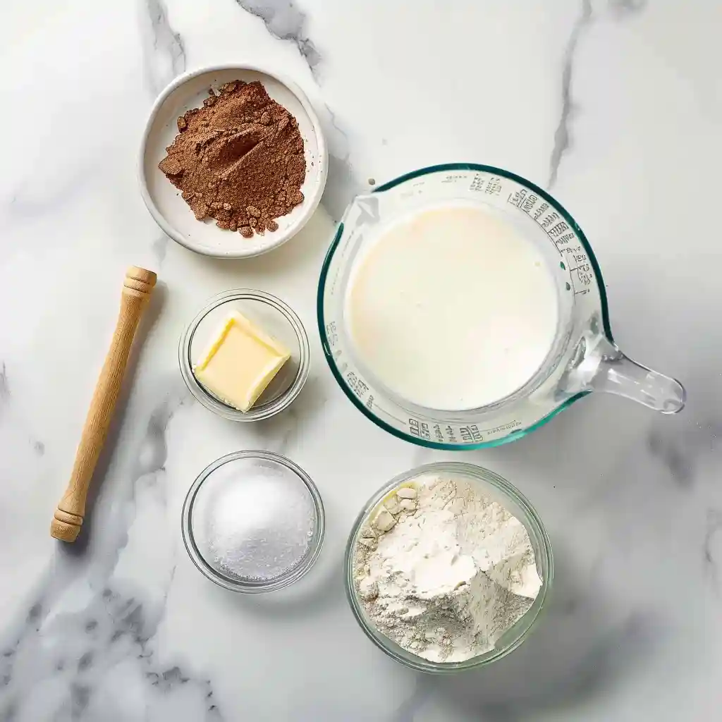 Creamy Bechamel Sauce 1 Overhead flat lay showing the required ingredients: butter, milk, flour, salt, and nutmeg, laid out on a marble surface for making Creamy Bechamel Sauce.