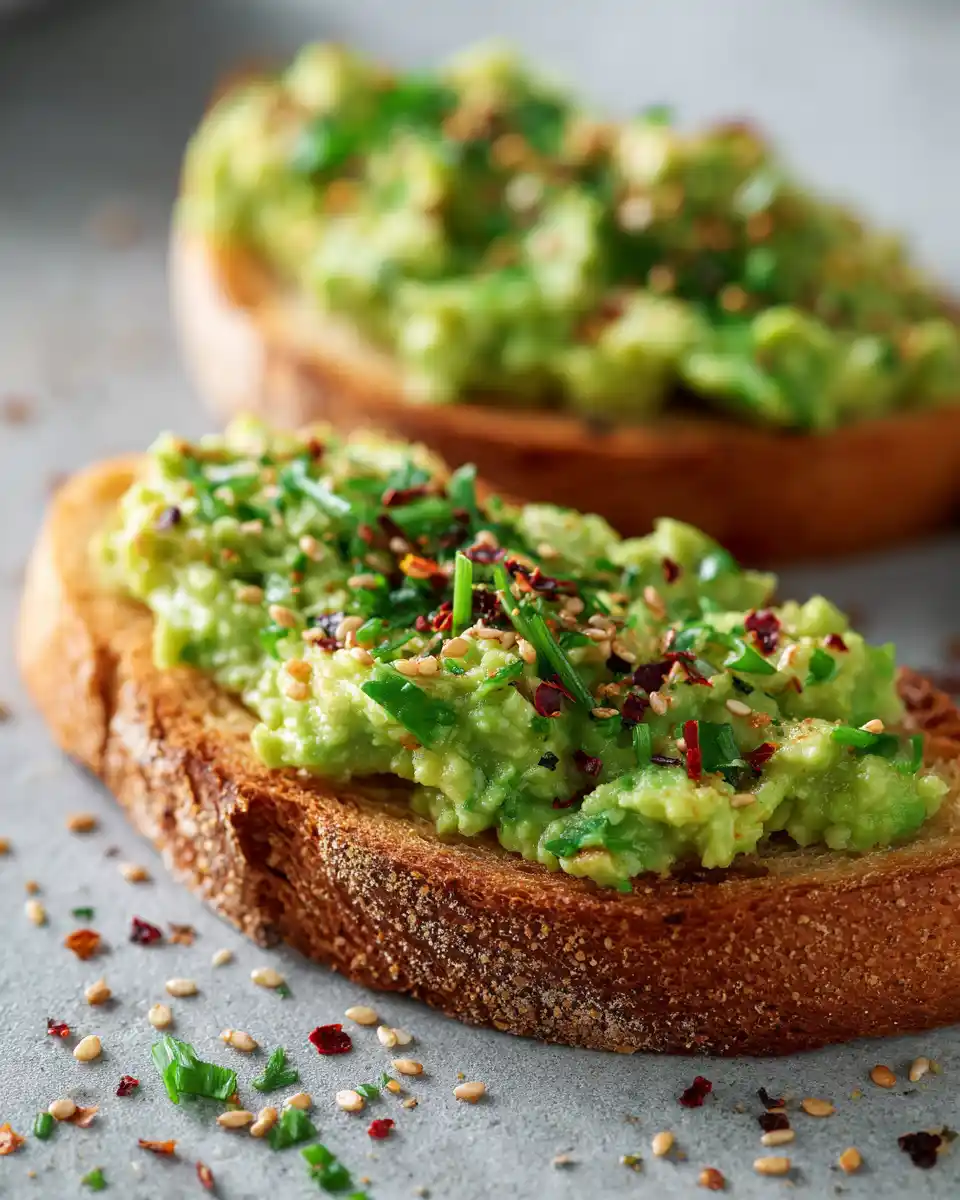 Protein Packed Avocado Toast 12 Overhead shot of crispy toast with smashed avocado, liberally sprinkled with chili flakes and sesame seeds for a simple protein packed avocado toast.