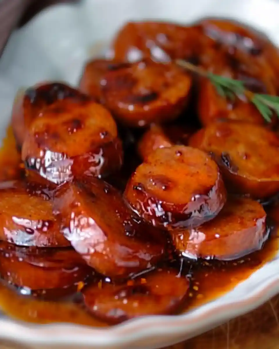 Apricot Kielbasa Slices 9 Apricot kielbasa slices in skillet