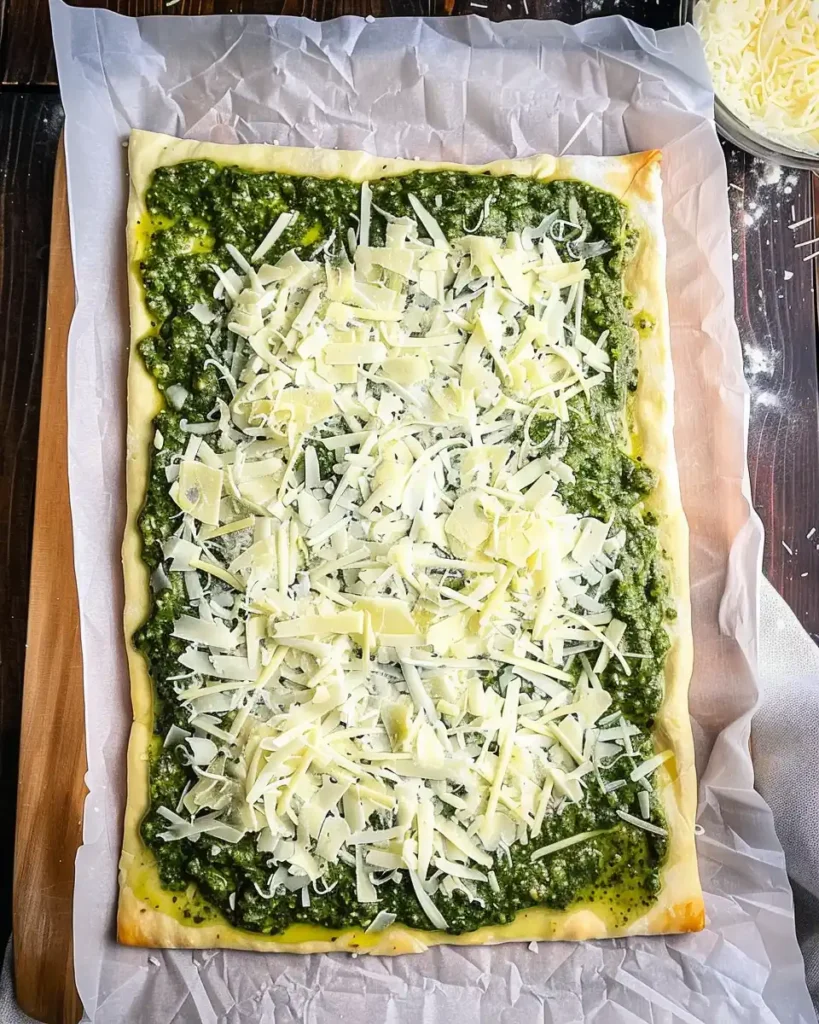 Christmas Puff Pastry Trees 1 Puff pastry spread with pesto and cheese for Christmas puff pastry trees