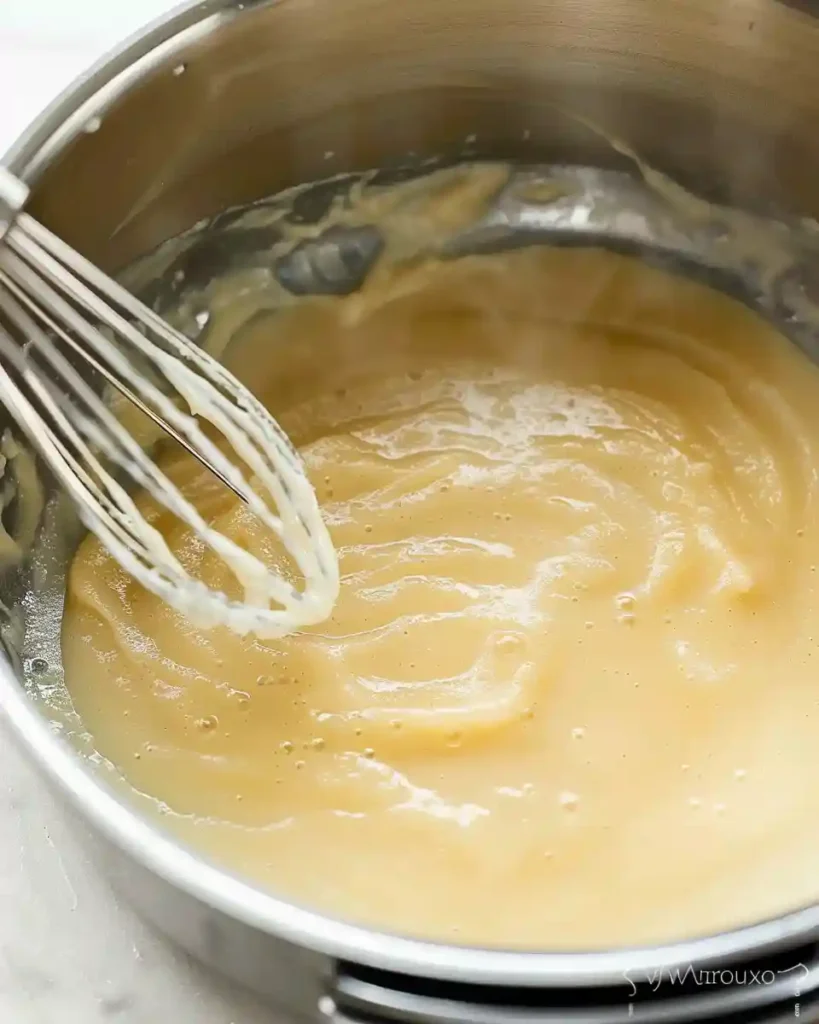Creamy Bechamel Sauce 3 Close-up of a smooth, light golden roux (butter and flour mixture) being cooked in a pan, the foundation for a perfect Creamy Bechamel Sauce.