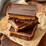 3 ingredient no bake peanut butter bars stacked with chocolate