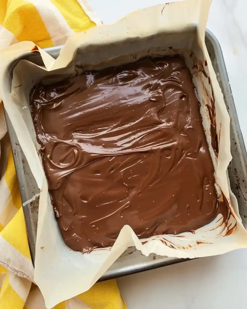 3 Ingredient No Bake Peanut Butter Bars 2 Chocolate topping on 3 ingredient no bake peanut butter bars