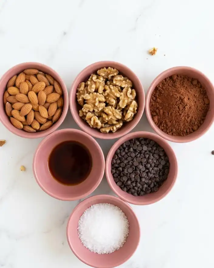 No-Bake Brownie Bites 1 Overhead shot of six terracotta-pink bowls arranged in a triangular pattern on a marble surface. The bowls contain raw almonds, walnut halves, cacao powder, liquid sweetener, chocolate chips, and coarse sea salt, which are the ingredients for making No-Bake Brownie Bites.